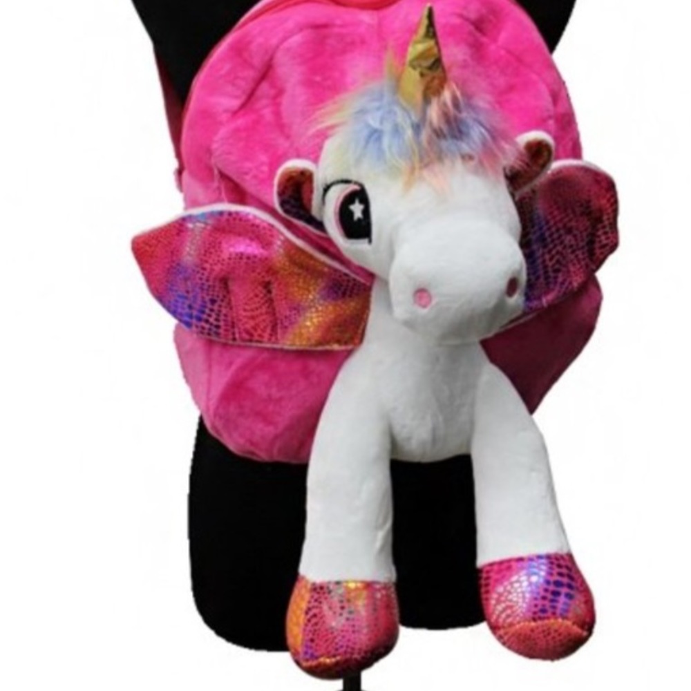 First Two Photos 3D Unicorn Metallic Sequin Fuzzy Furry Plush Backpack Bag - Picture 9 of 10